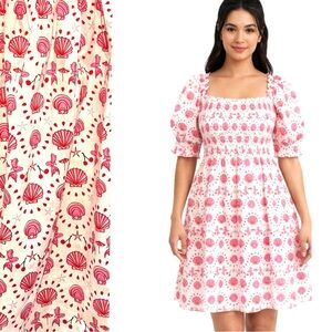 Hill House Pink Shell-Print Smocked Midi Dress, Size S